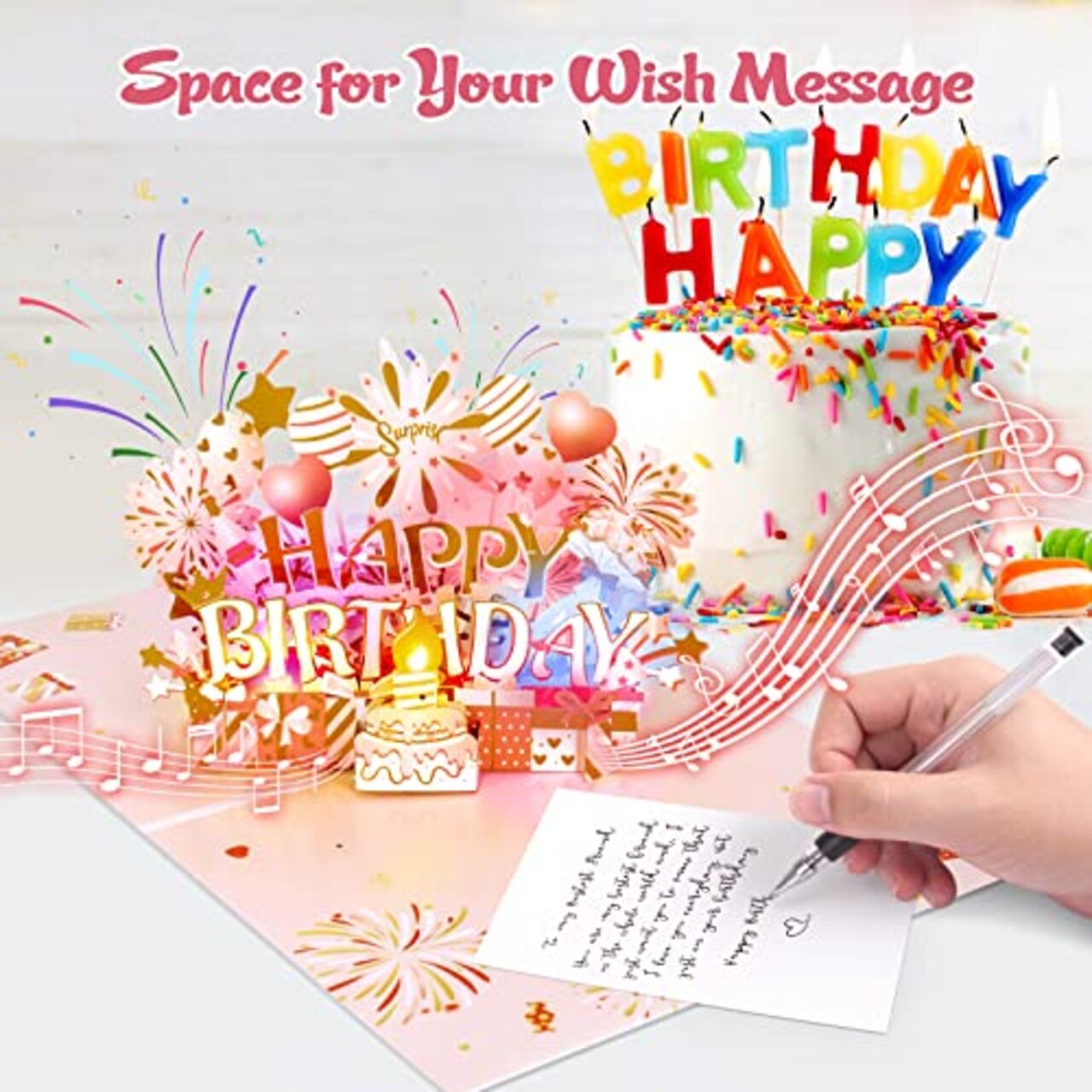 Musical Birthday Card 3D Pop Up with Light Blow Out LED Candle and Plays Happy Birthday Music Surprise Greeting Cards Gifts for Women Rose Gold